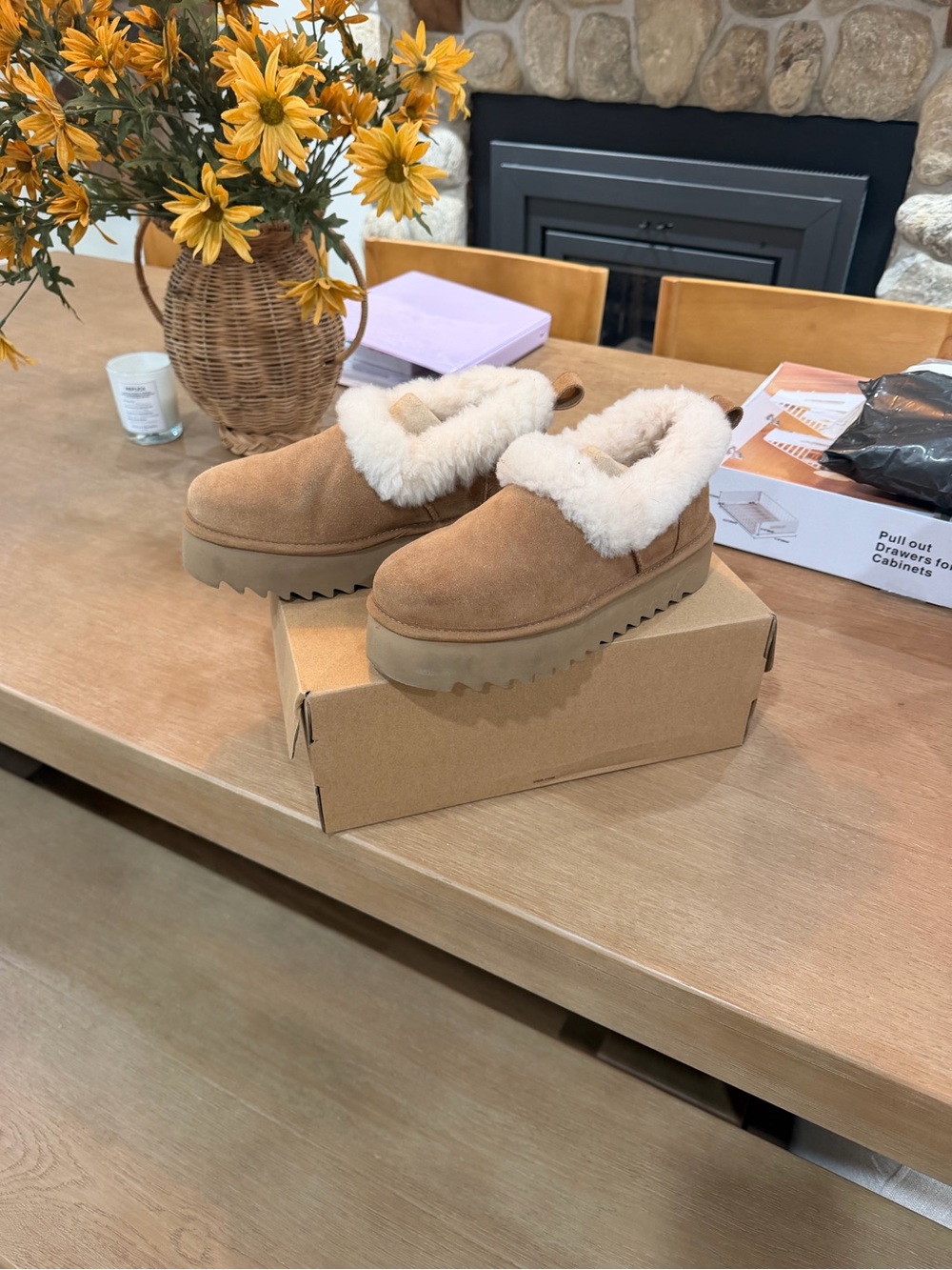 UGG Nita Platform Chestnut Suede Shearling-Lined Slip-On Clogs slipper